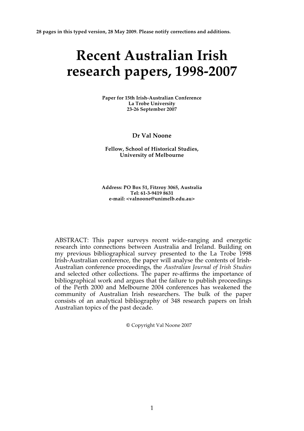 Recent Australian Irish Research Papers, 1998-2007