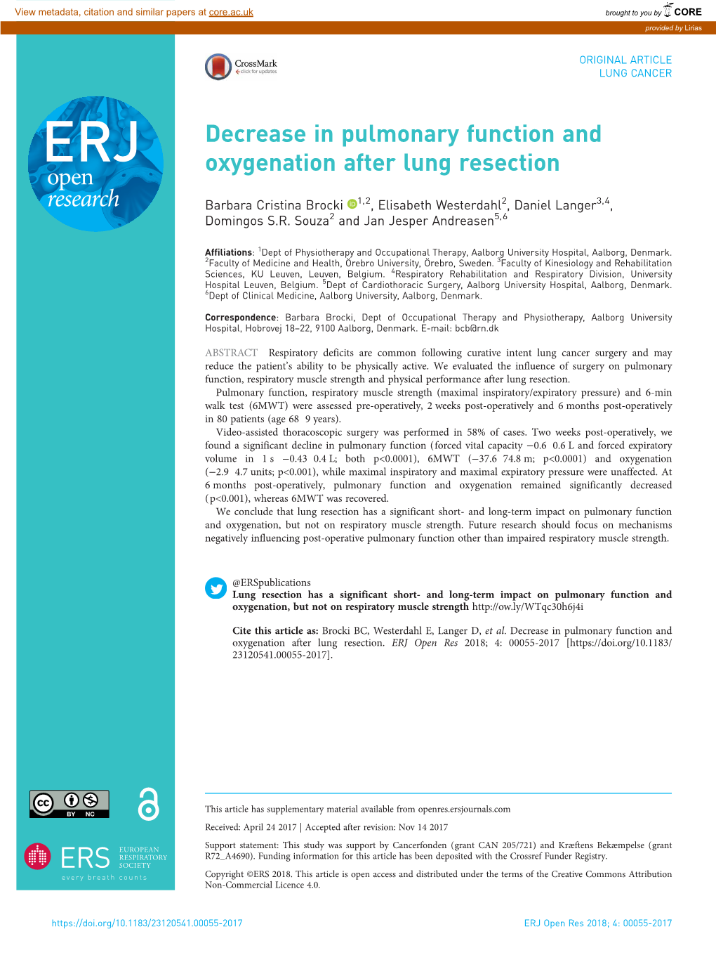 Decrease in Pulmonary Function and Oxygenation After Lung Resection