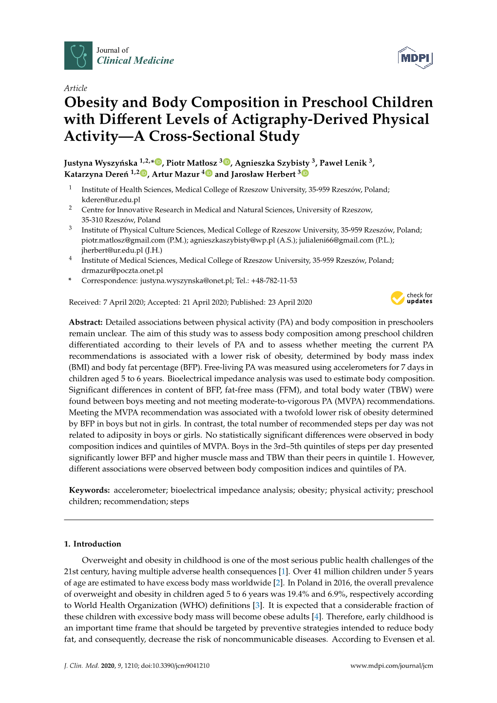 Obesity and Body Composition in Preschool Children with Different