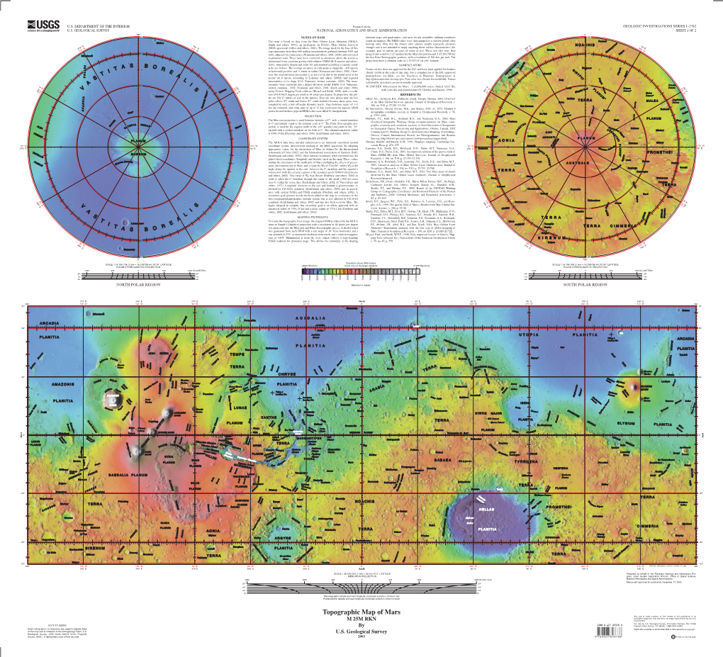 Topographic Map of Mars Any Use of Trade, Product, Or Firm Names in This Publication Is for Descriptive Purposes Only and Does Not Imply Endorsement by the U.S