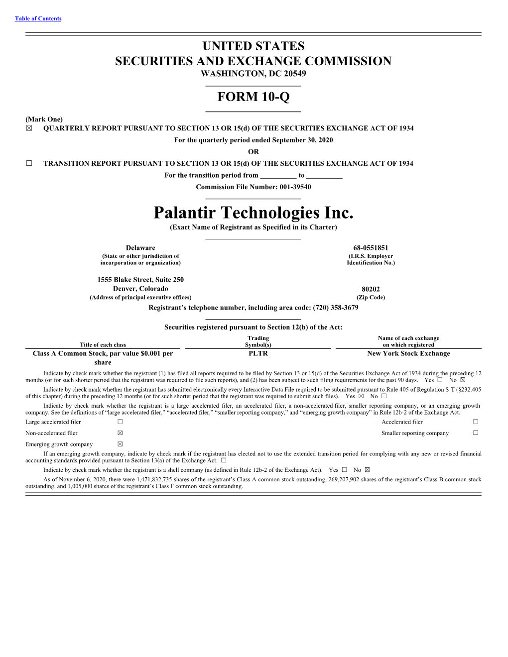 Palantir Technologies Inc. (Exact Name of Registrant As Specified in Its Charter)