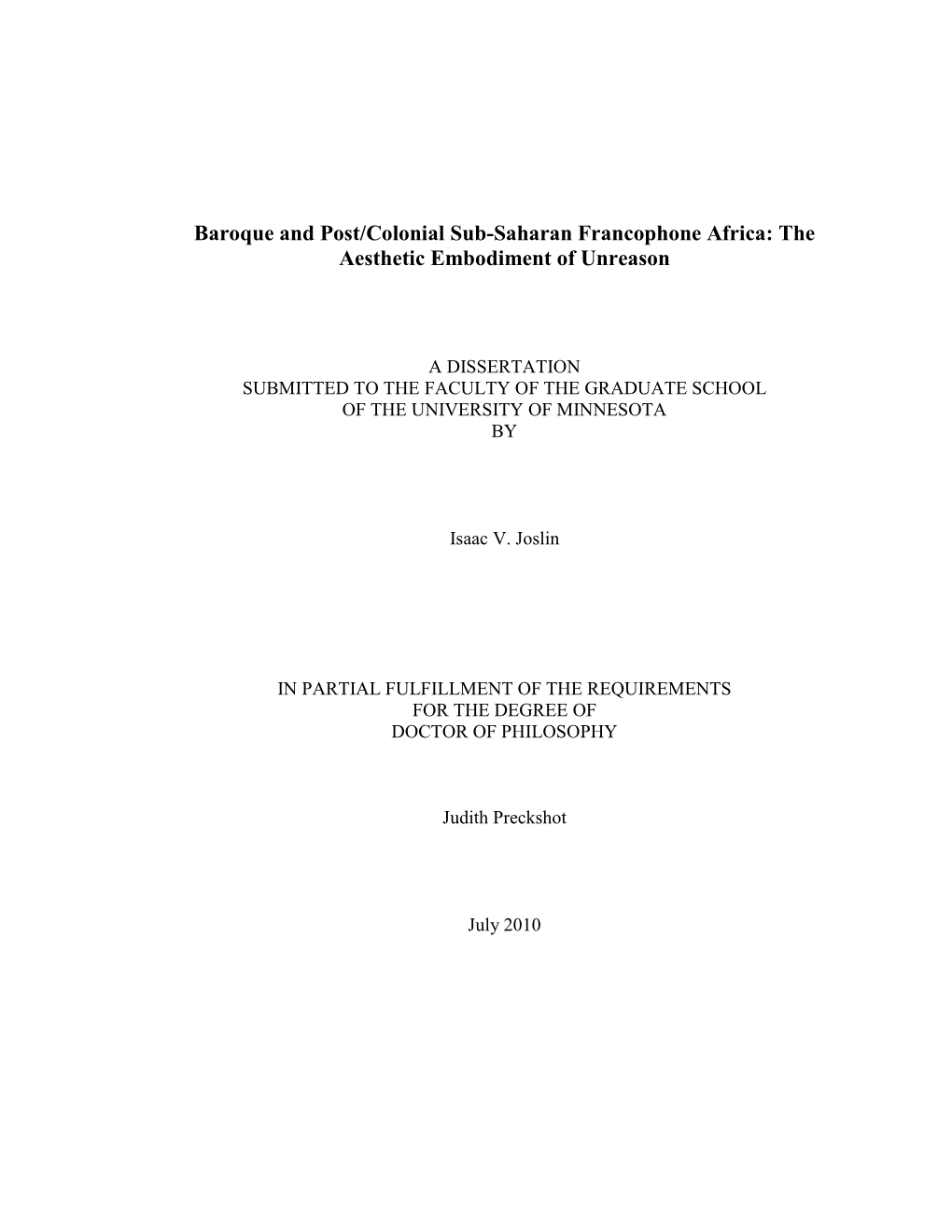 Baroque and Post/Colonial Sub-Saharan Francophone Africa: the Aesthetic Embodiment of Unreason