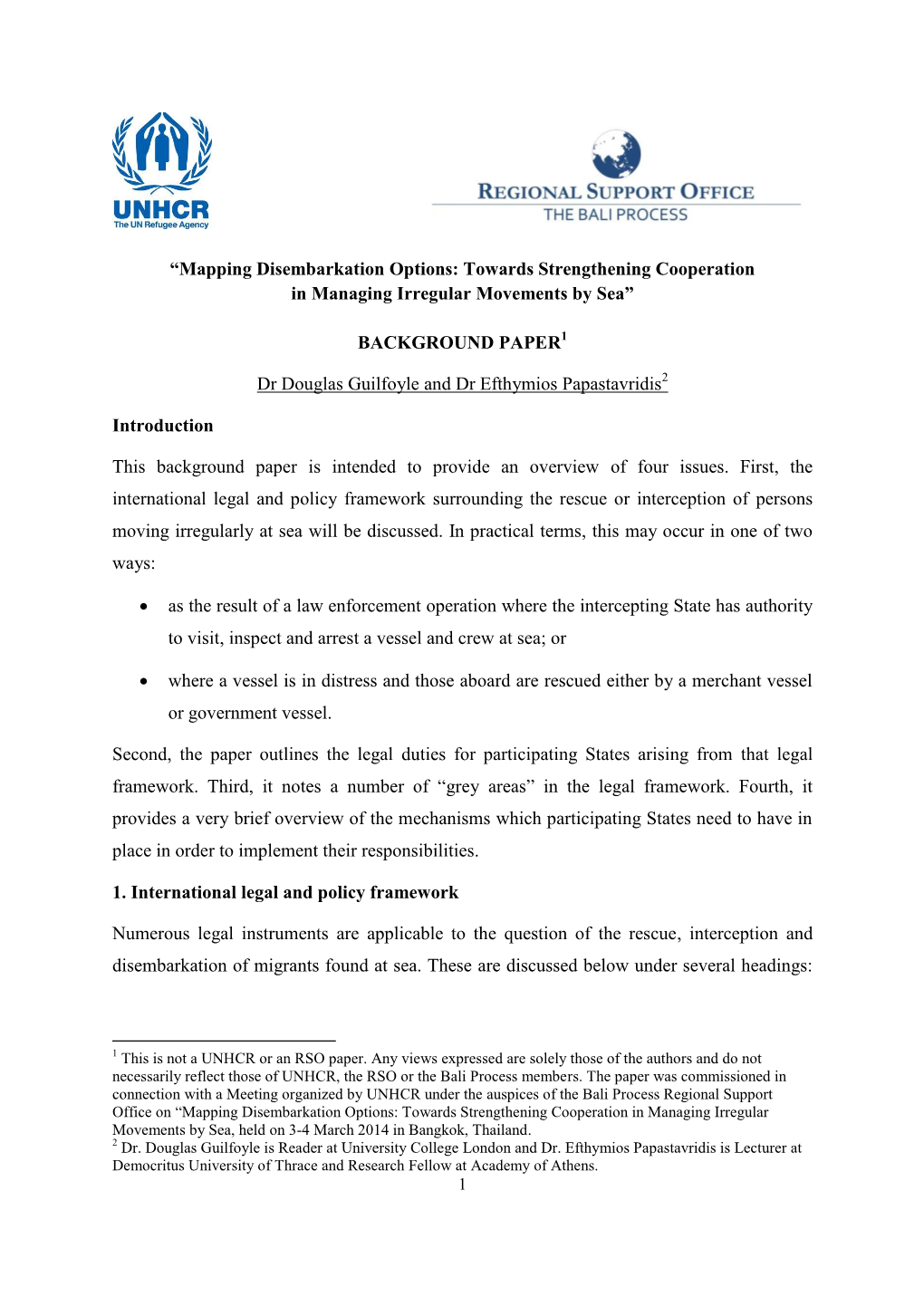 Mapping Disembarkation Options: Towards Strengthening Cooperation in Managing Irregular Movements by Sea”