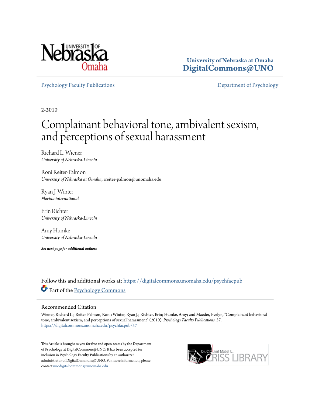 Complainant Behavioral Tone, Ambivalent Sexism, and Perceptions of Sexual Harassment Richard L