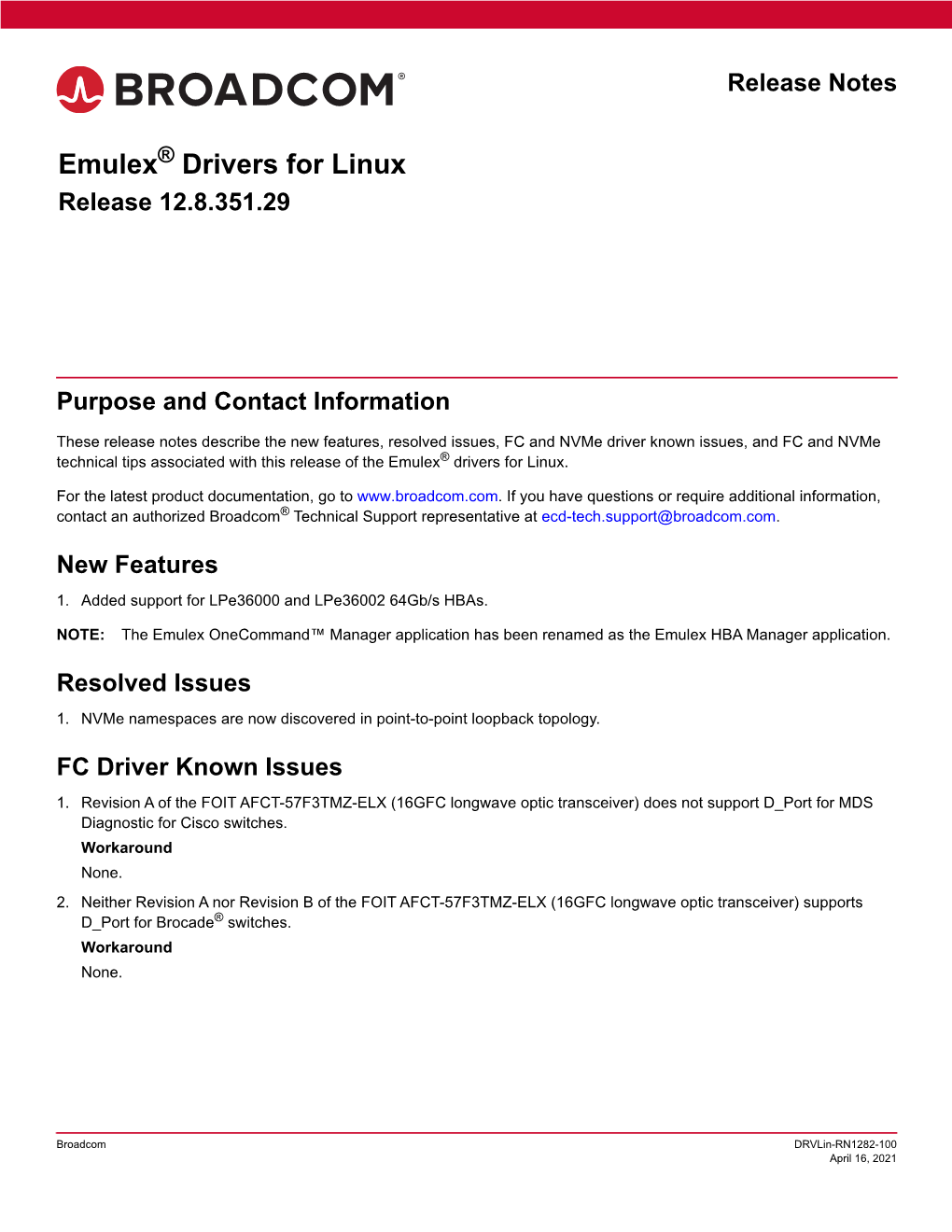 Emulex Drivers for Linux Release Notes Release 12.8.351.29