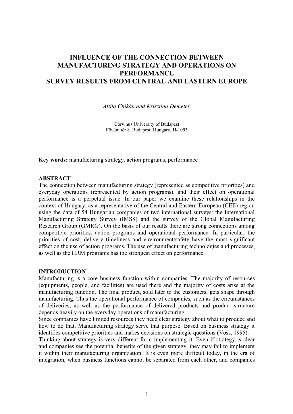 Operating Models in Supply Chain Management and Their Effect on Performance