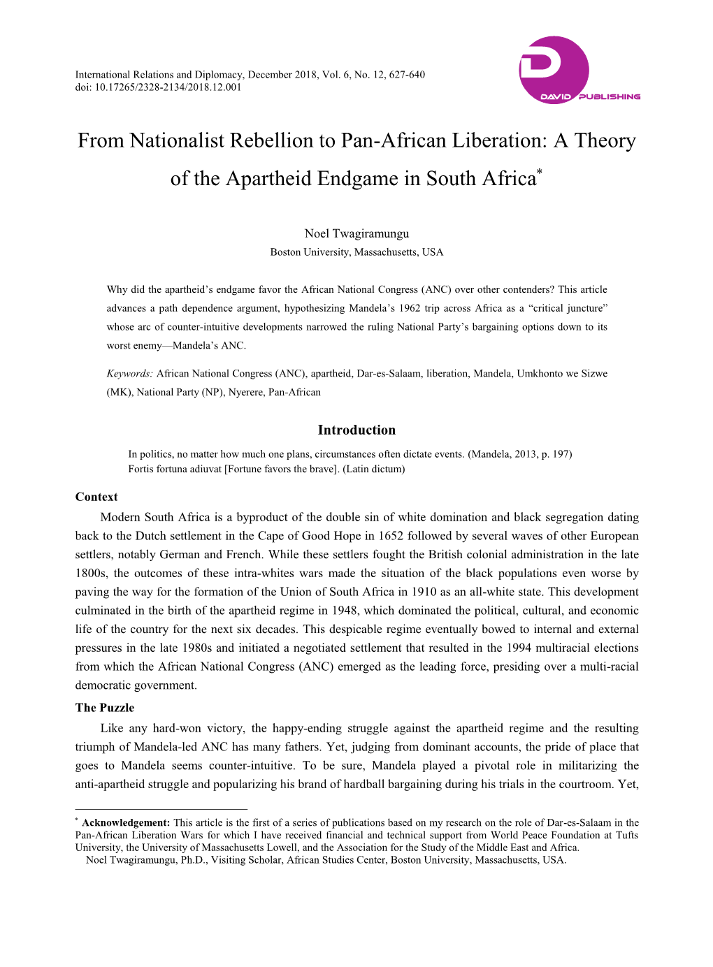 From Nationalist Rebellion to Pan-African Liberation: a Theory of the Apartheid Endgame in South Africa