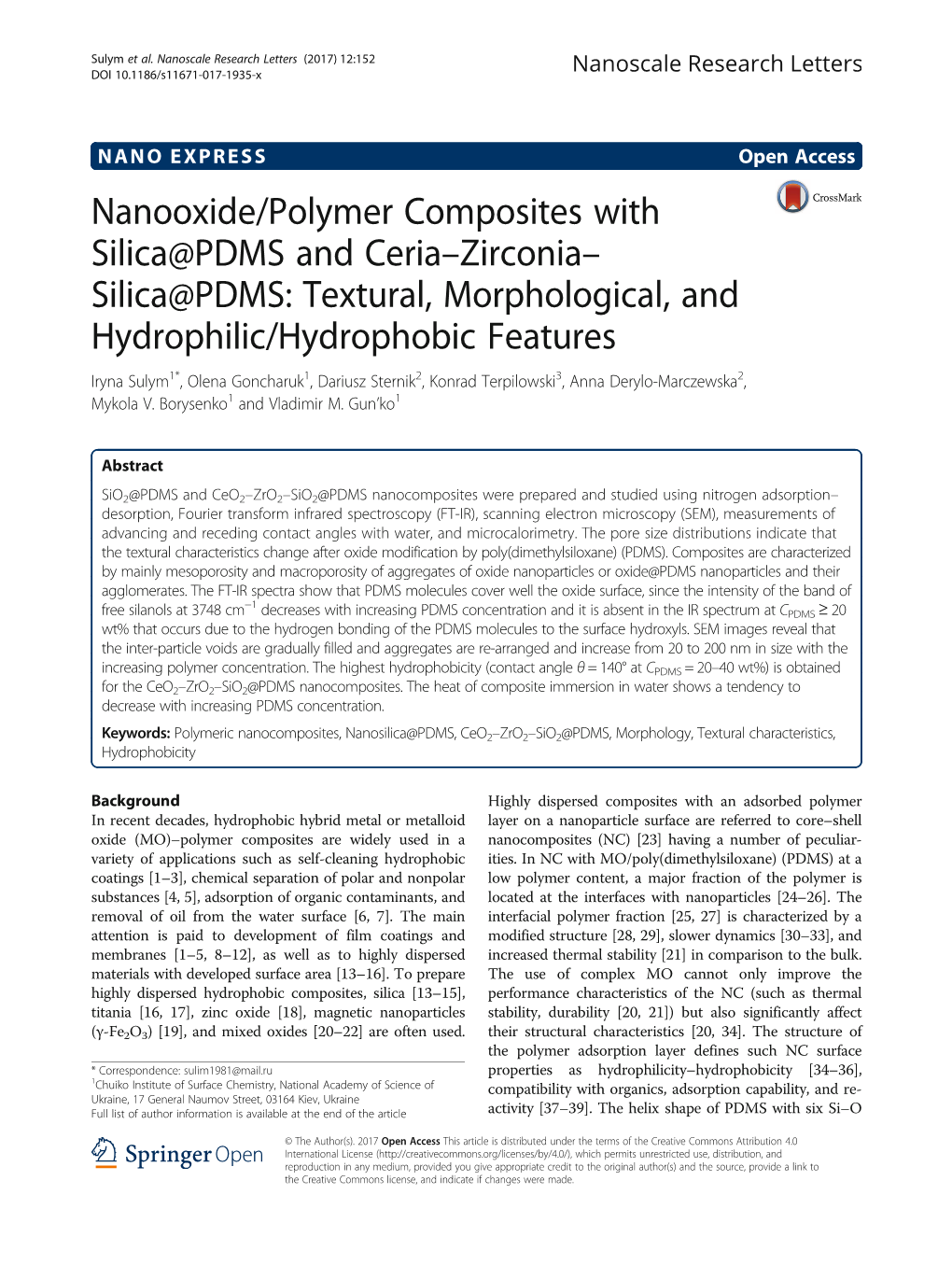 Nanooxide/Polymer Composites with Silica@PDMS and Ceria–Zirconia–Silica@PDMS: Textural, Morphological, and Hydrophilic/Hydro