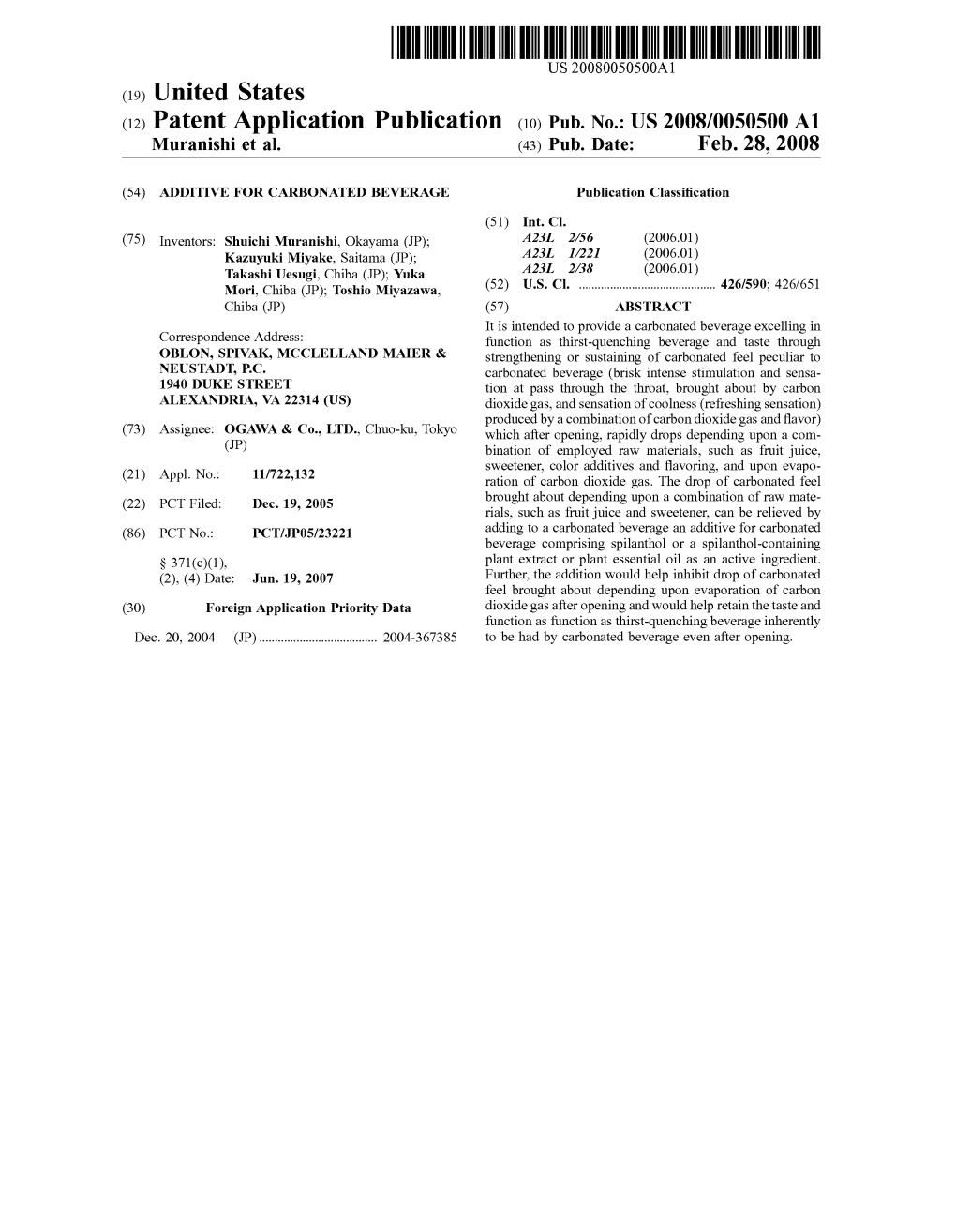 (12) Patent Application Publication (10) Pub. No.: US 2008/0050500 A1 Muranishi Et Al
