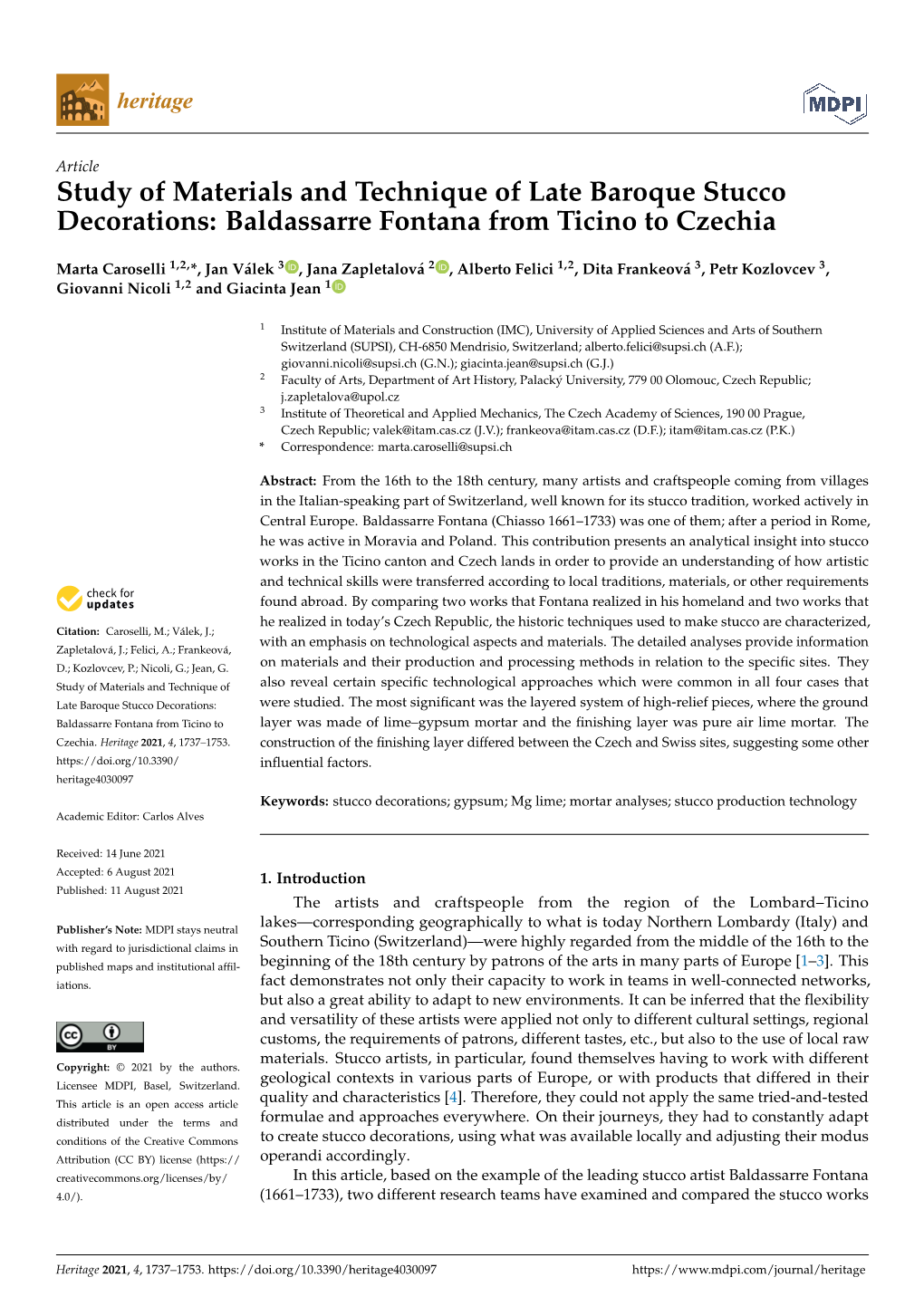 Study of Materials and Technique of Late Baroque Stucco Decorations: Baldassarre Fontana from Ticino to Czechia