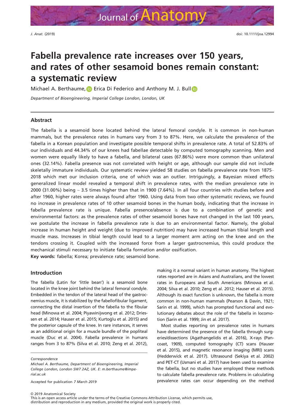 Fabella Prevalence Rate Increases Over 150 Years, and Rates of Other Sesamoid Bones Remain Constant: a Systematic Review Michael A