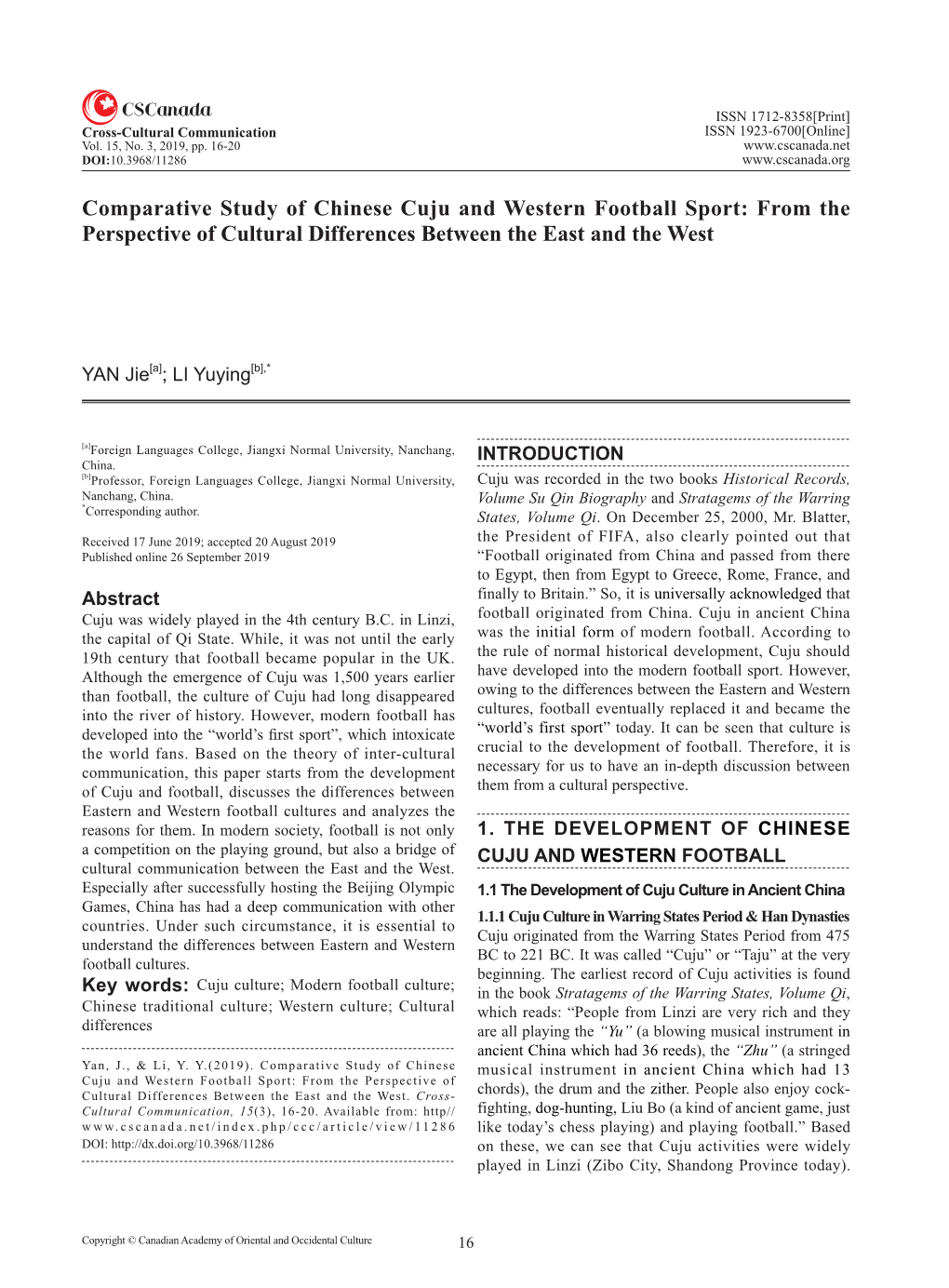 Comparative Study of Chinese Cuju and Western Football Sport: from the Perspective of Cultural Differences Between the East and the West