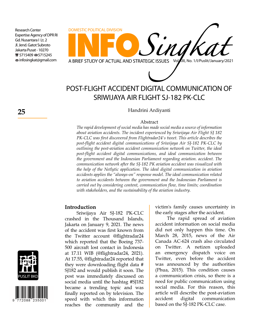 Post-Flight Accident Digital Communication of Sriwijaya Air Flight Sj-182 Pk-Clc