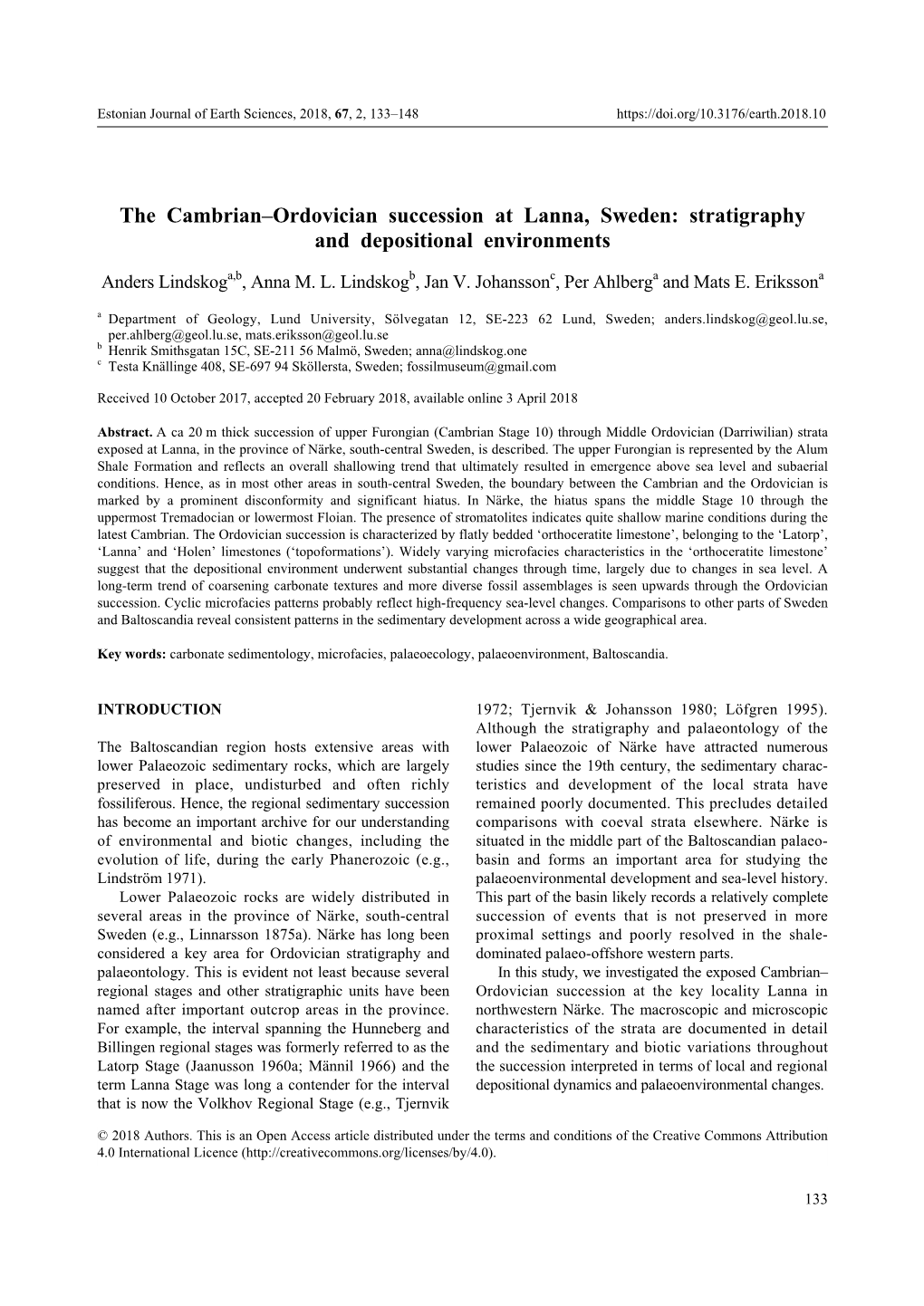 The Cambrian–Ordovician Succession at Lanna, Sweden: Stratigraphy and Depositional Environments