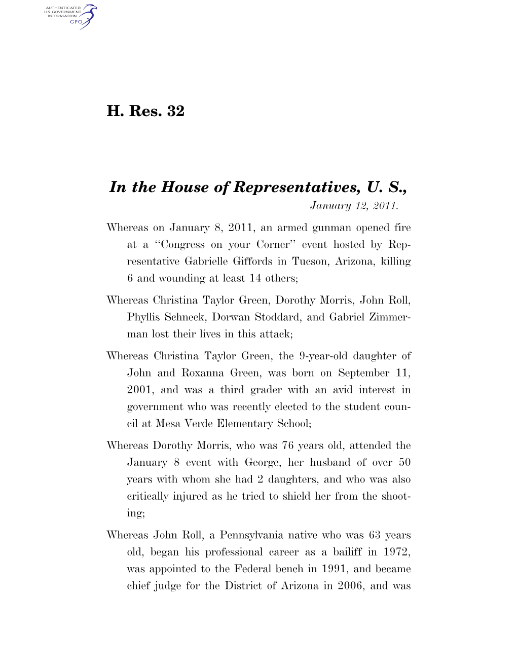 H. Res. 32 in the House of Representatives, U