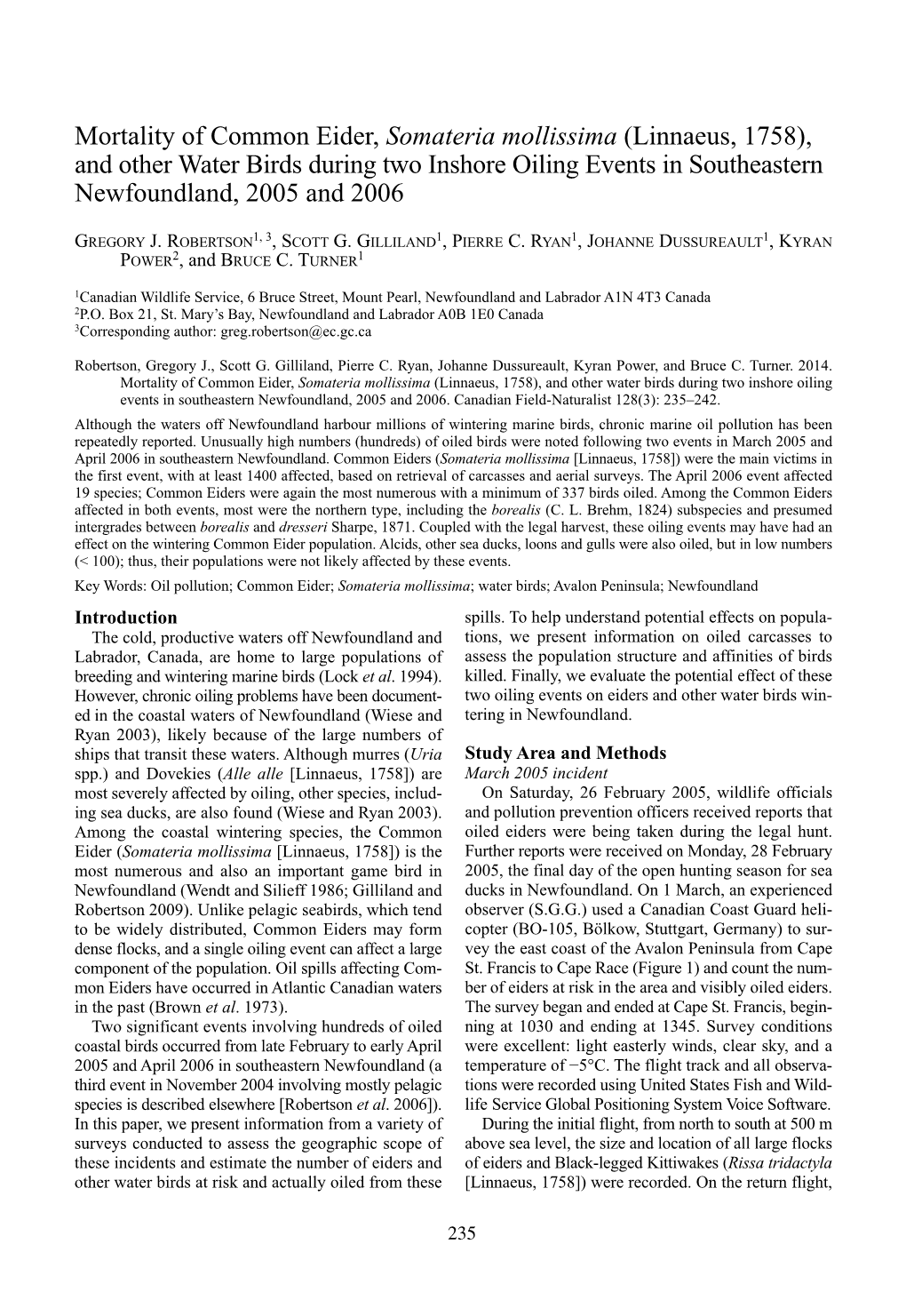 Mortality of Common Eider, Somateria Mollissima (Linnaeus, 1758), and Other Water Birds During Two Inshore Oiling Events in Southeastern Newfoundland, 2005 and 2006