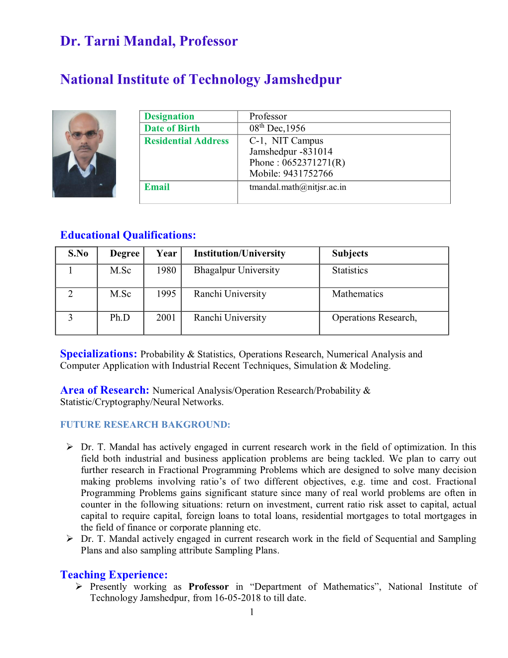 Dr. Tarni Mandal, Professor National Institute of Technology Jamshedpur
