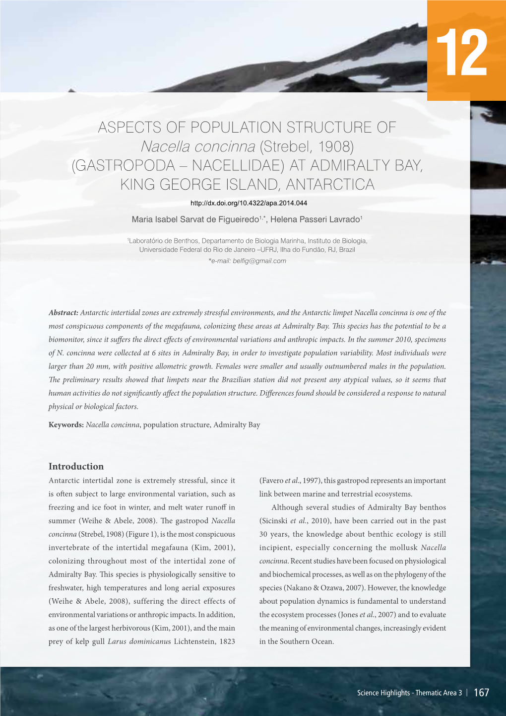 ASPECTS of POPULATION STRUCTURE of Nacella Concinna (Strebel, 1908) (GASTROPODA – NACELLIDAE) at ADMIRALTY BAY, KING GEORGE ISLAND, ANTARCTICA