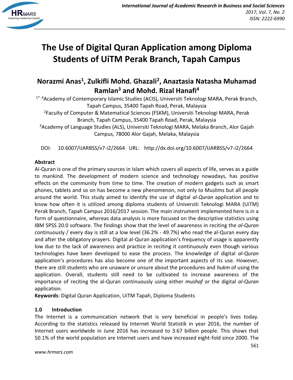 The Use of Digital Quran Application Among Diploma Students of Uitm Perak Branch, Tapah Campus