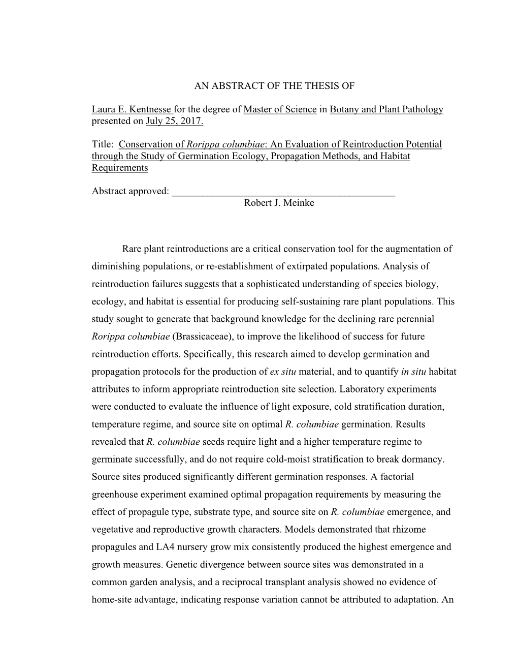 Conservation of Rorippa Columbiae: an Evaluation of Reintroduction Potential Through the Study of Germination Ecology, Propagation Methods, and Habitat Requirements