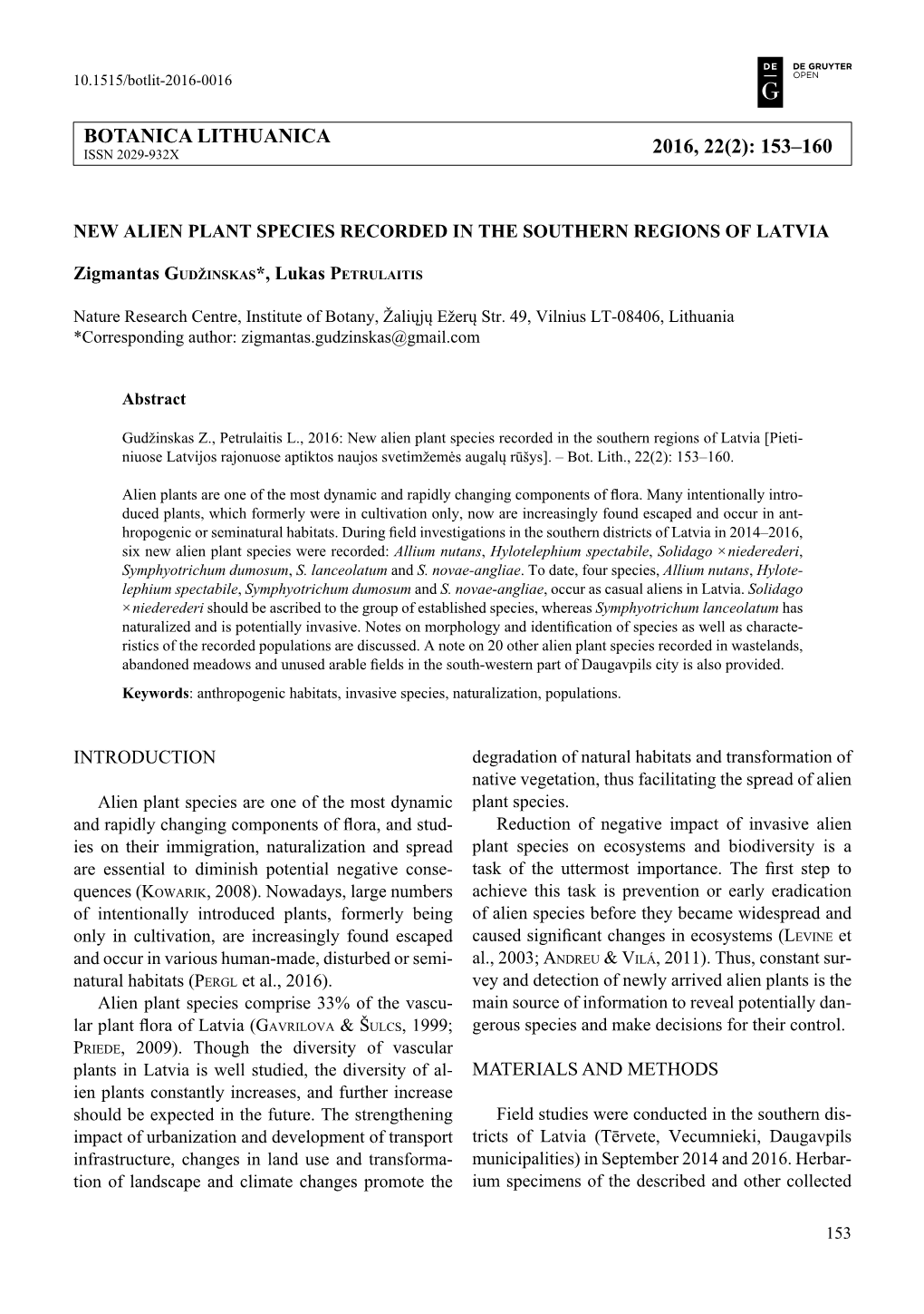 Botanica Lithuanica 2016, 22(2): 153–160