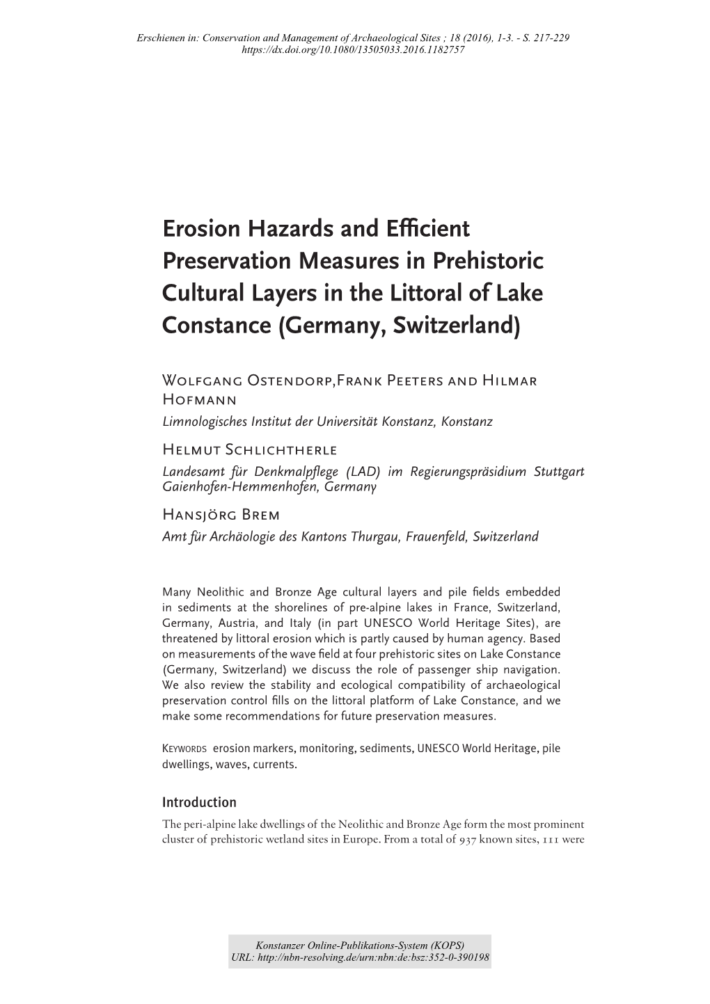 Erosion Hazards and Efficient Preservation Measures in Prehistoric Cultural Layers in the Littoral of Lake Constance (Germany, S