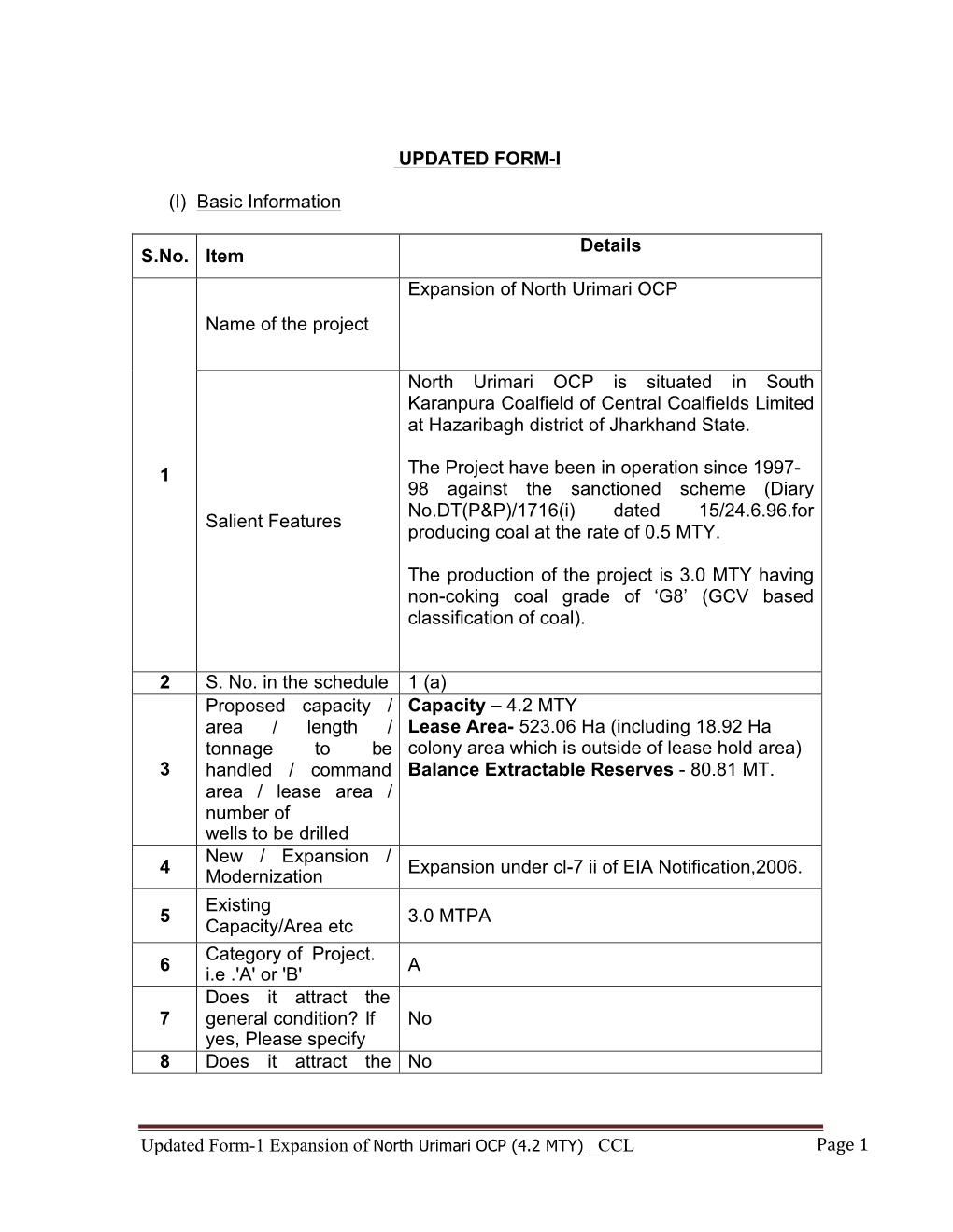 Updated Form-1 Expansion of North Urimari OCP (4.2 MTY) CCL Page 1