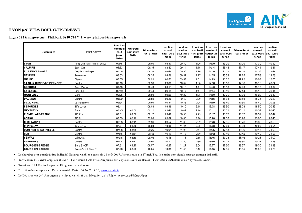 Ligne 132 Lyon (69) Vers Bourg En Bresse