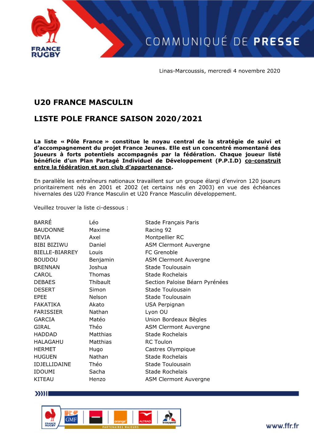 U20 France Masculin Liste Pole France Saison 2020/2021