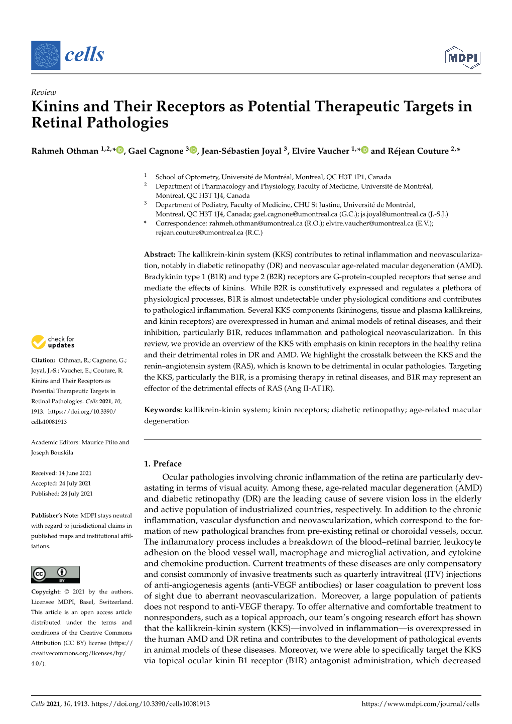 Kinins and Their Receptors As Potential Therapeutic Targets in Retinal Pathologies