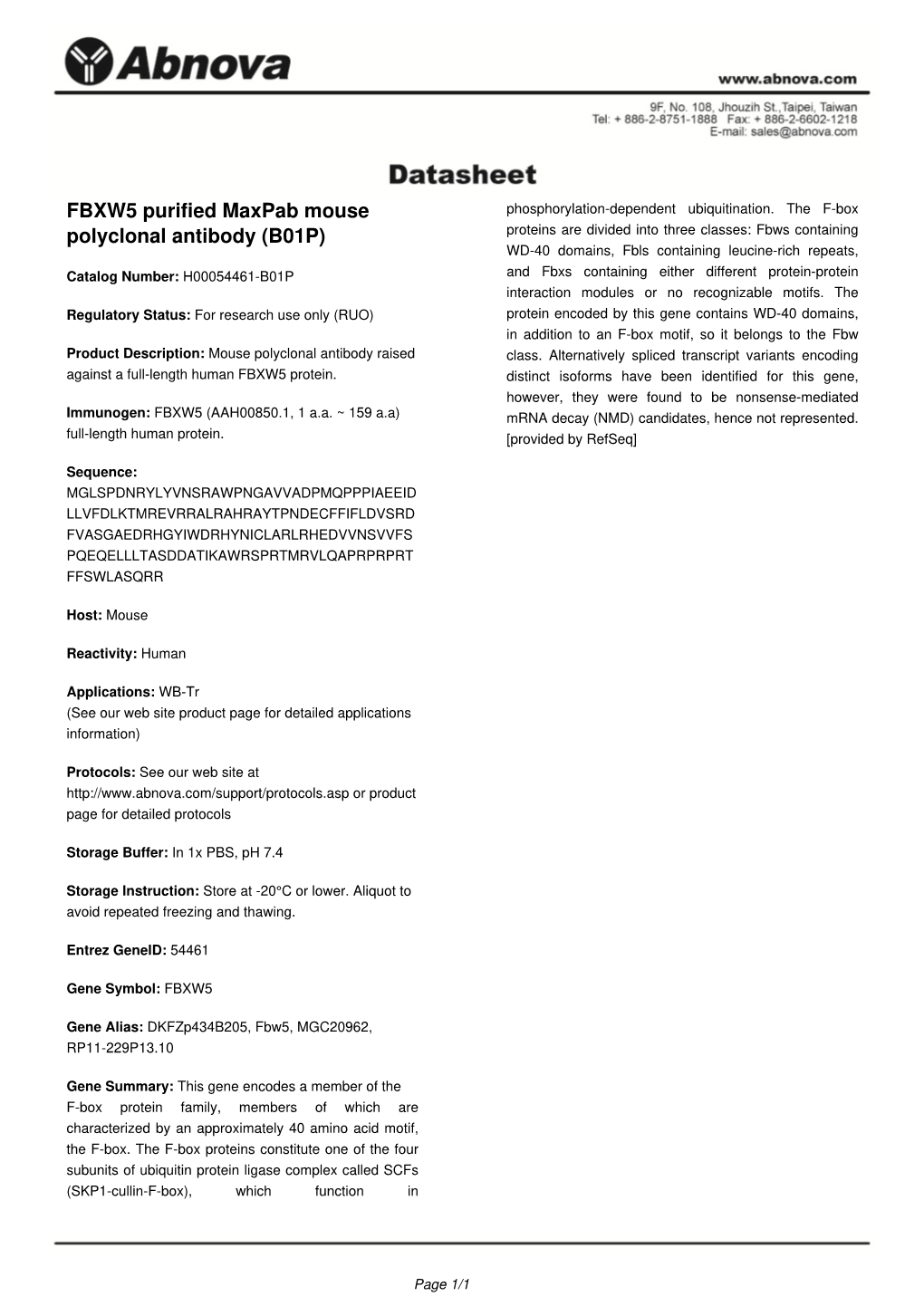 FBXW5 Purified Maxpab Mouse Polyclonal Antibody (B01P)