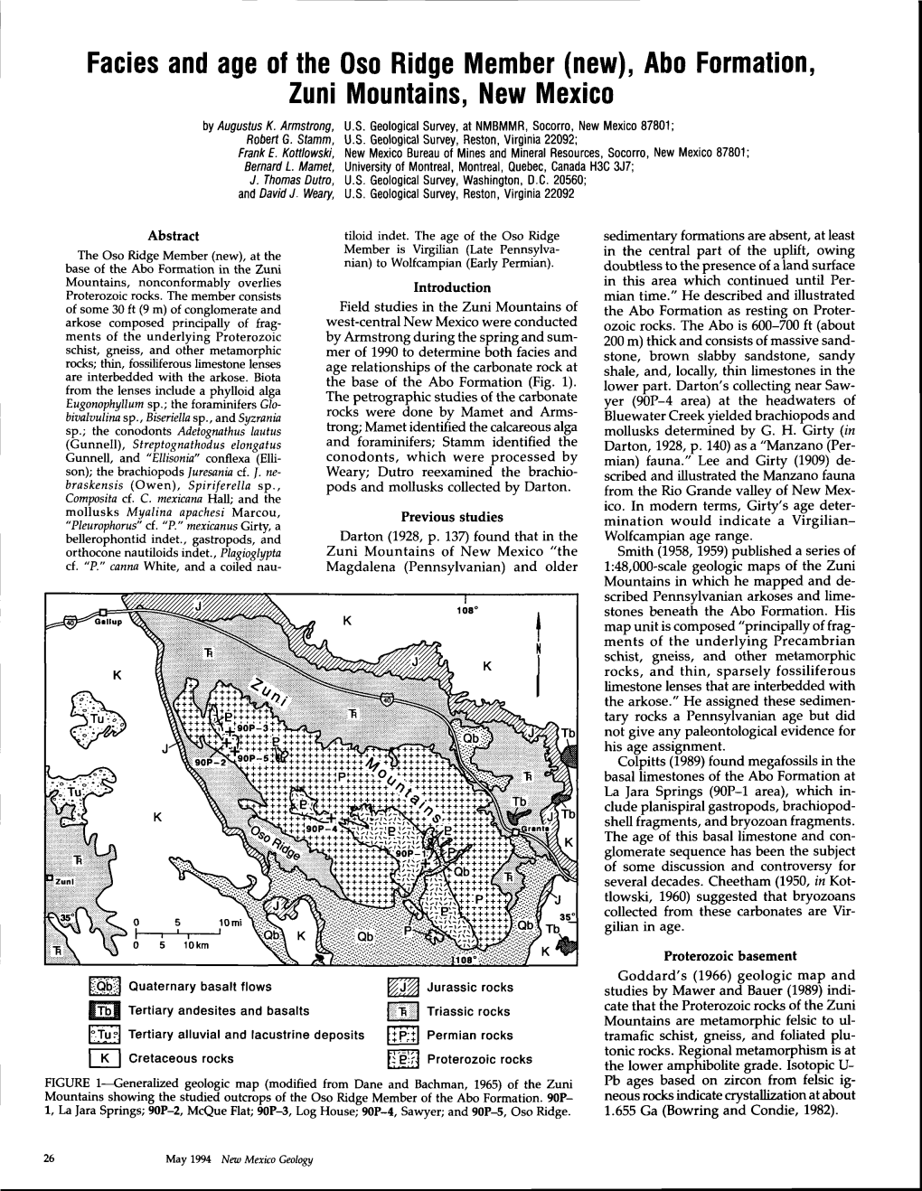 Facies and Age of the Oso Ridge Member (New), Abo Formation, Zuni Mountains, New Mexico