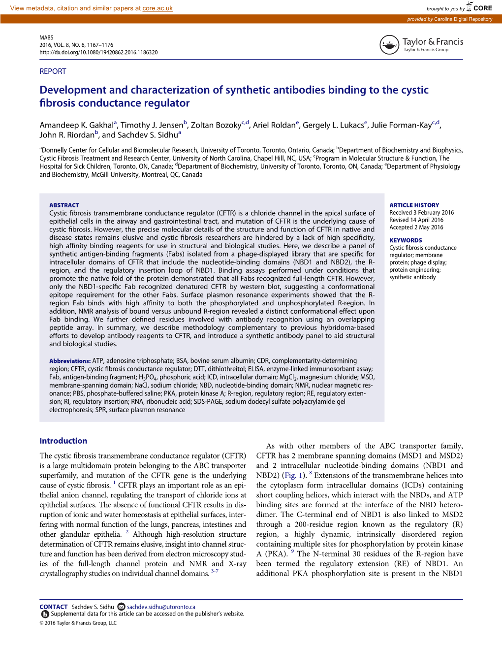 Development and Characterization of Synthetic Antibodies Binding to the Cystic ﬁbrosis Conductance Regulator