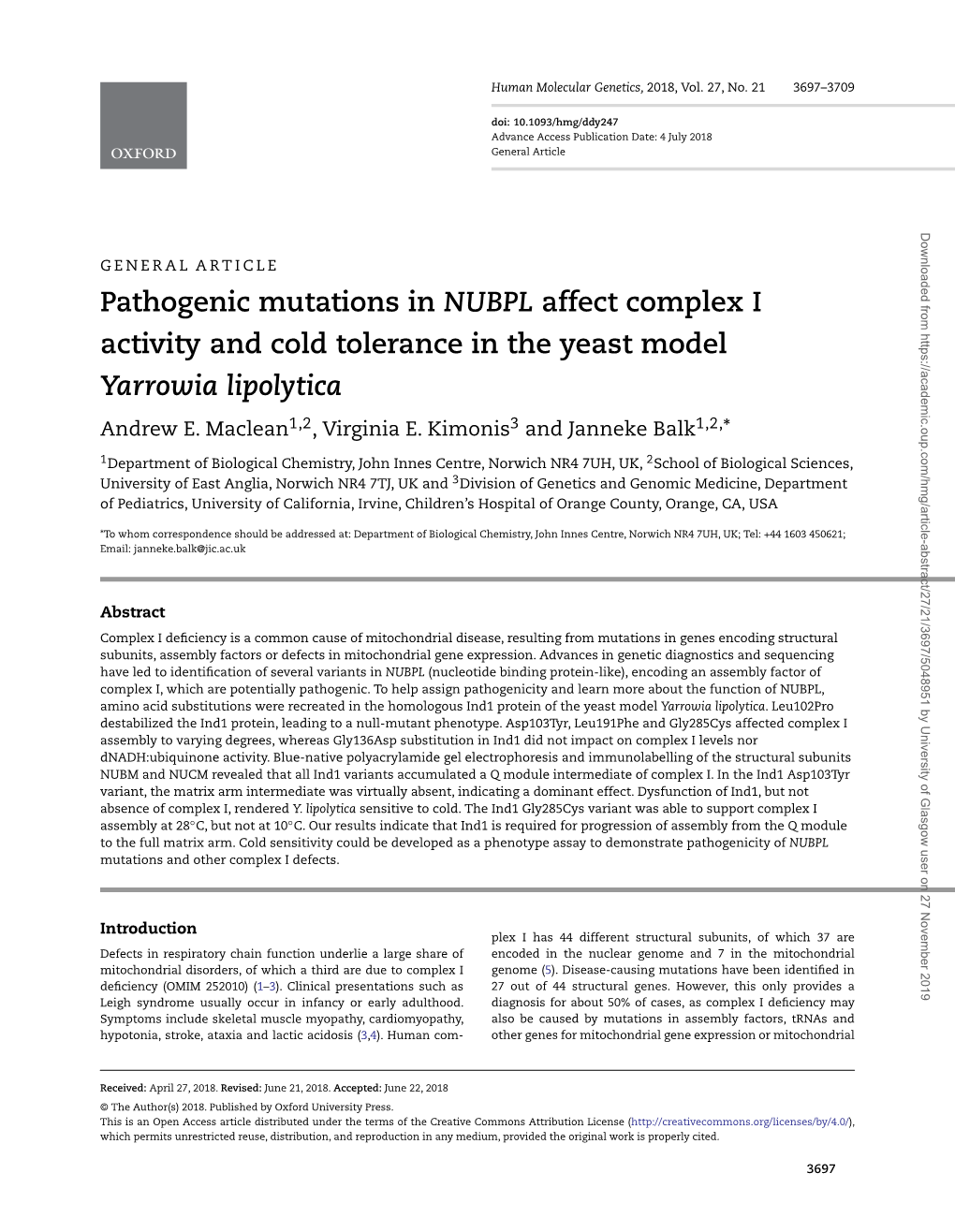 Pathogenic Mutations in NUBPL Affect Complex I Activity and Cold Tolerance in the Yeast Model Yarrowia Lipolytica Andrew E