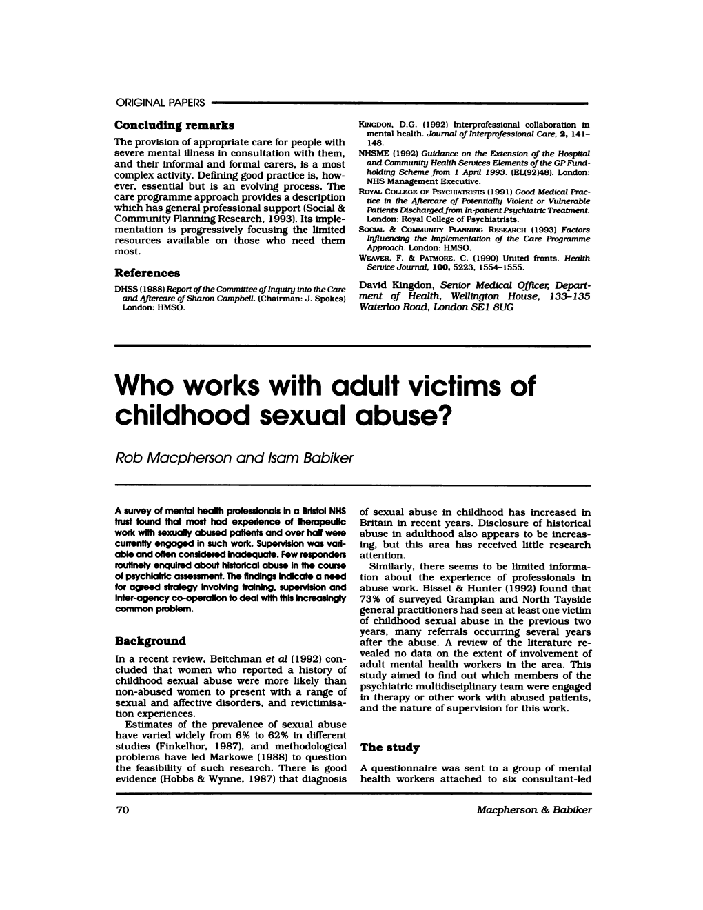 Who Works with Adult Victims of Childhood Sexual Abuse?