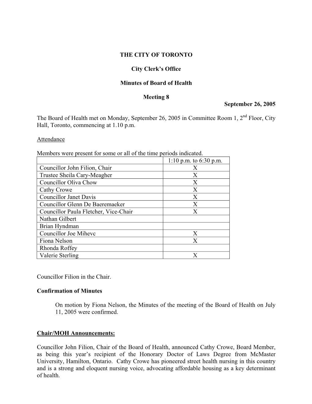 THE CITY of TORONTO City Clerk's Office Minutes of Board of Health