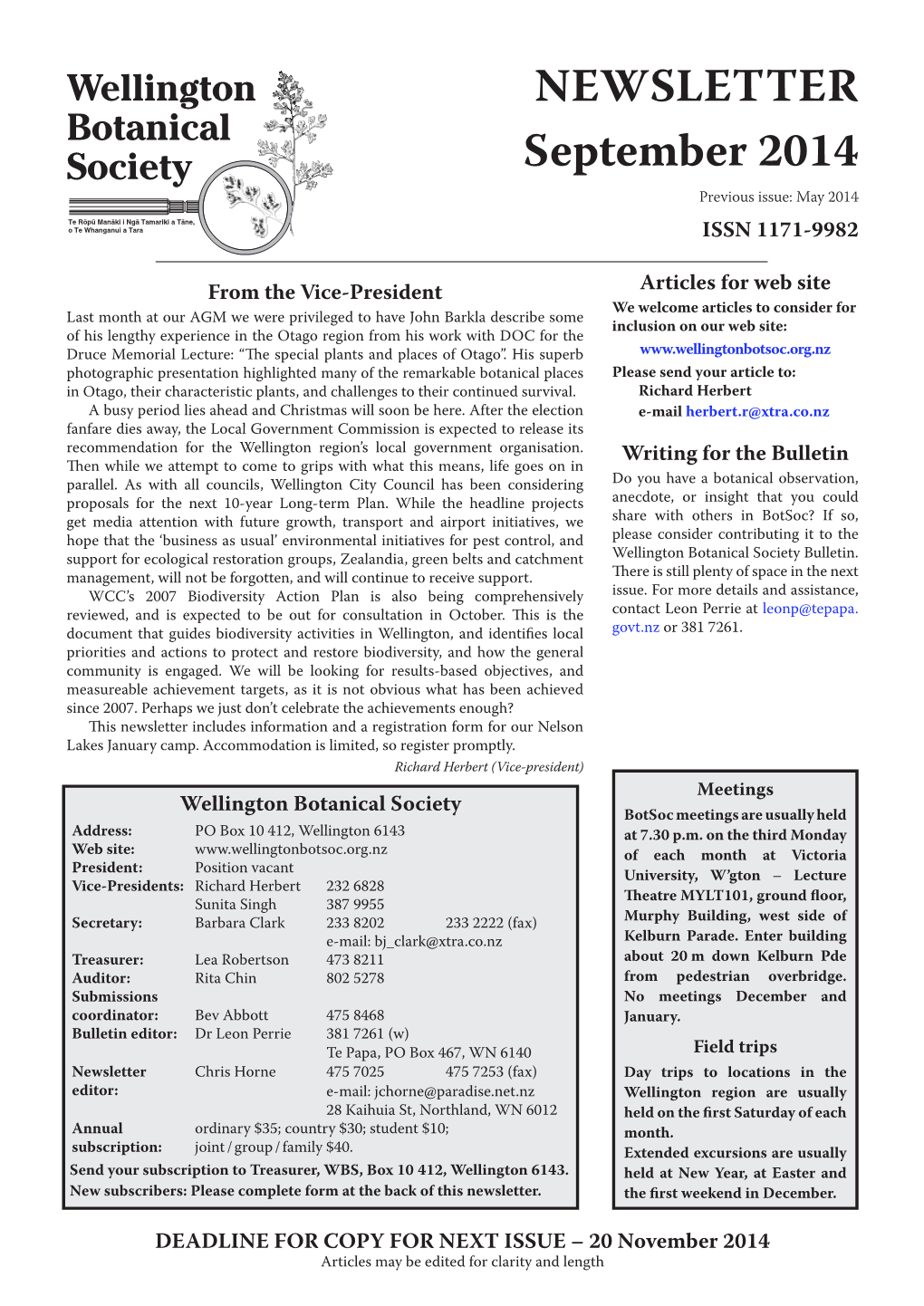 NEWSLETTER September 2014 Previous Issue: May 2014 ISSN 1171-9982