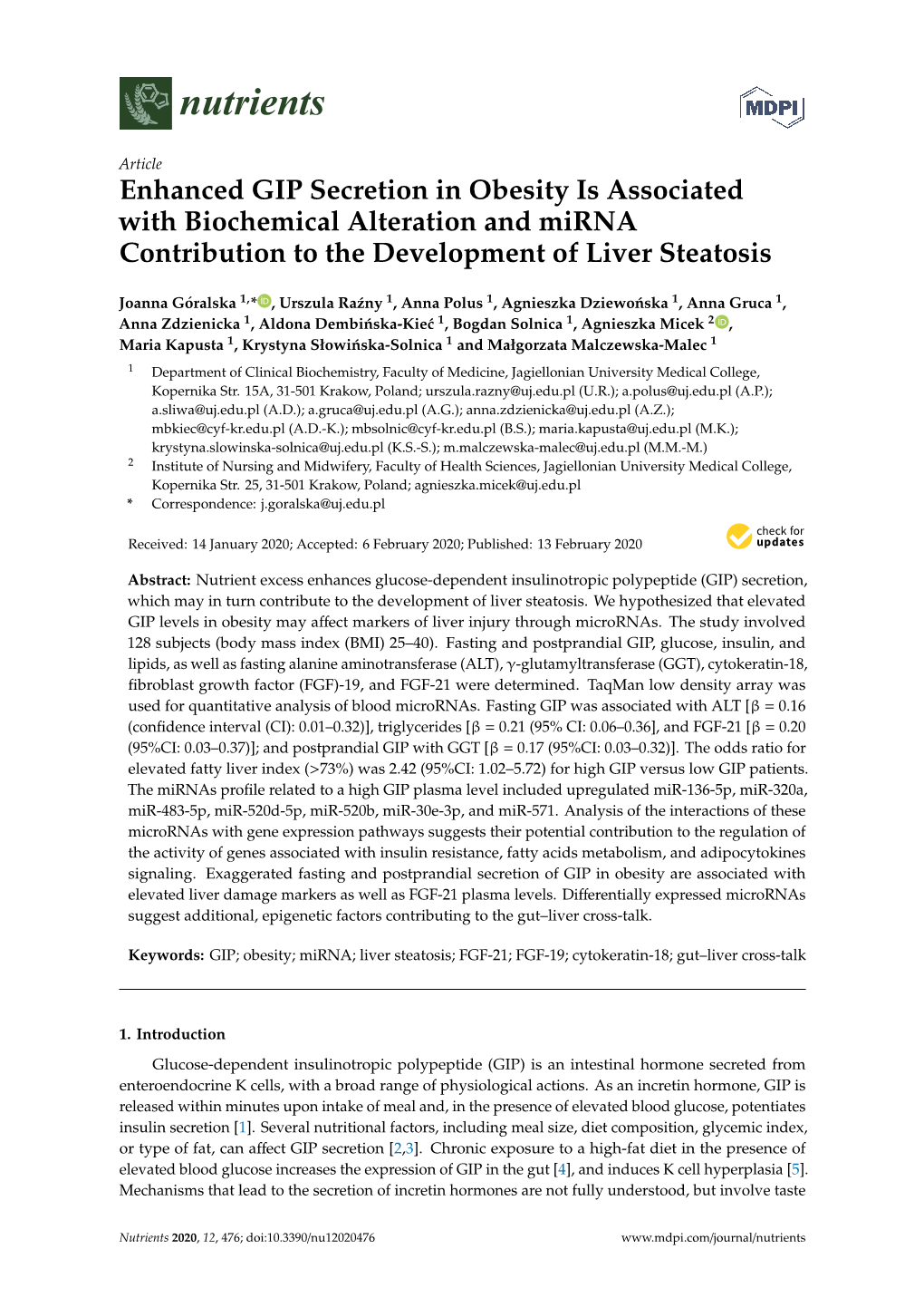 Enhanced GIP Secretion in Obesity Is Associated with Biochemical Alteration and Mirna Contribution to the Development of Liver Steatosis