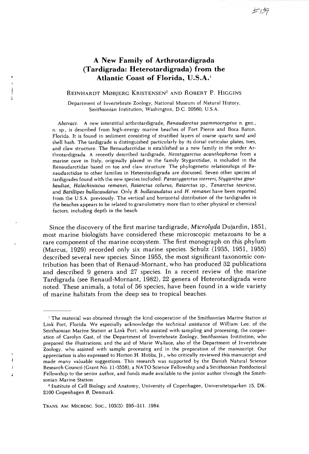 A New Family of Arthrotardigrada (Tardigrada: Heterotardigrada) from the Atlantic Coast of Florida, U.S.A.' Since the Discovery