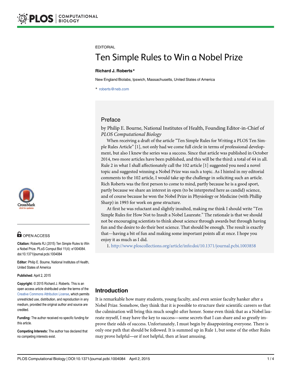 Ten Simple Rules to Win a Nobel Prize