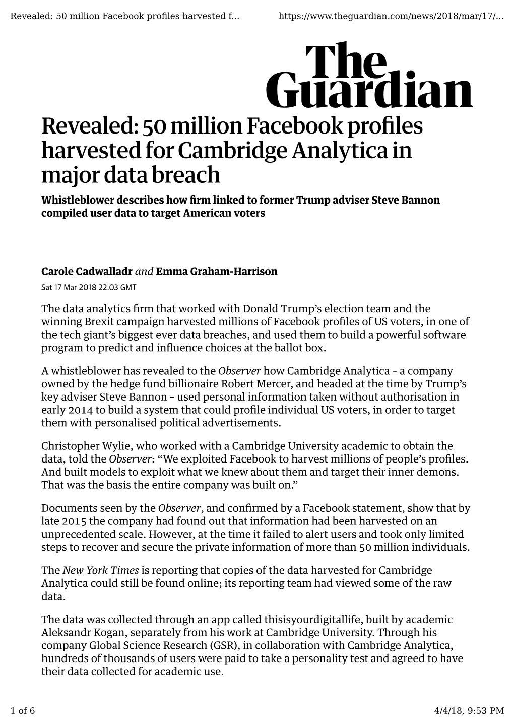 50 Million Facebook Profiles Harvested for Cambridge Analytica