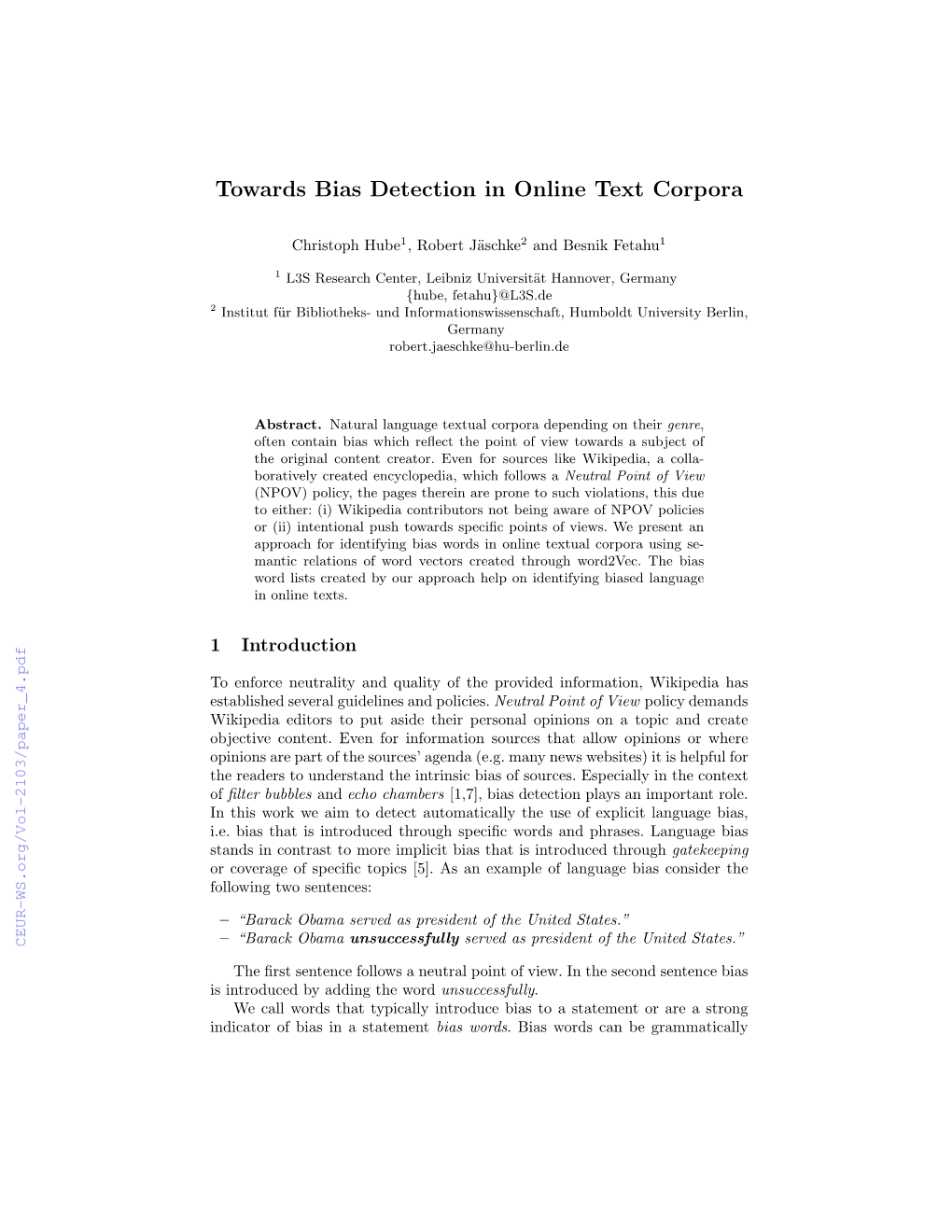 Towards Bias Detection in Online Text Corpora