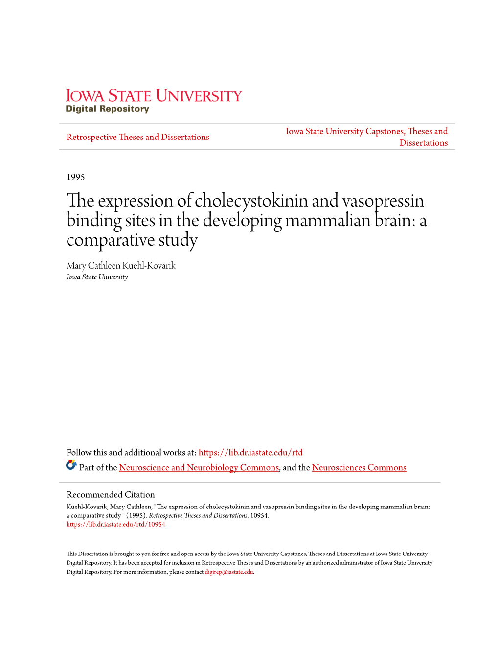 The Expression of Cholecystokinin and Vasopressin Binding Sites in The