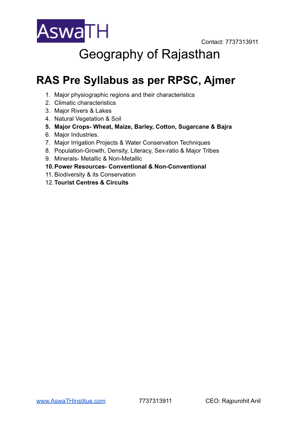 RAS Pre Geography of Rajasthan