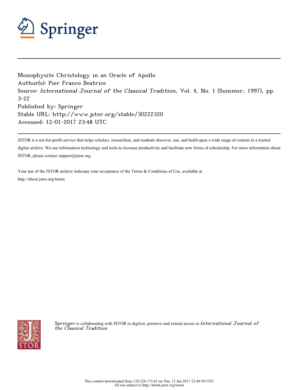 Monophysite Christology in an Oracle of Apollo Author(S): Pier Franco Beatrice Source: International Journal of the Classical Tradition, Vol