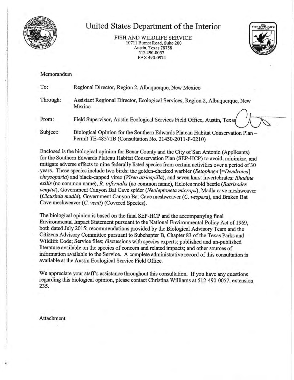 United States Department of the Interior I FISH and WILDLIFE SERVICE .L 10711 Burnet Road, Suite 200 I Austin, Texas 78758 ·1