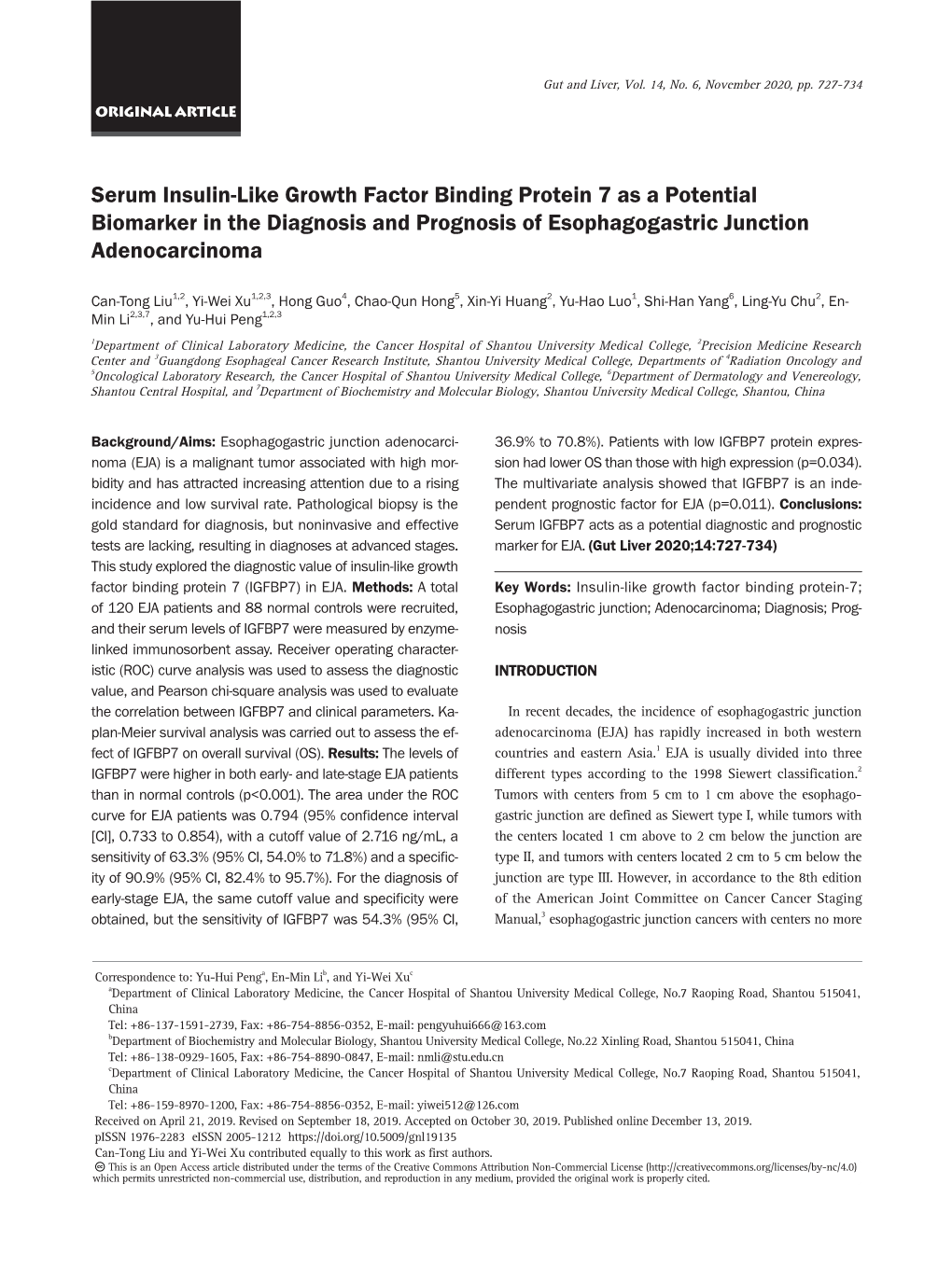 Serum Insulin-Like Growth Factor Binding Protein 7 As a Potential Biomarker in the Diagnosis and Prognosis of Esophagogastric Junction Adenocarcinoma