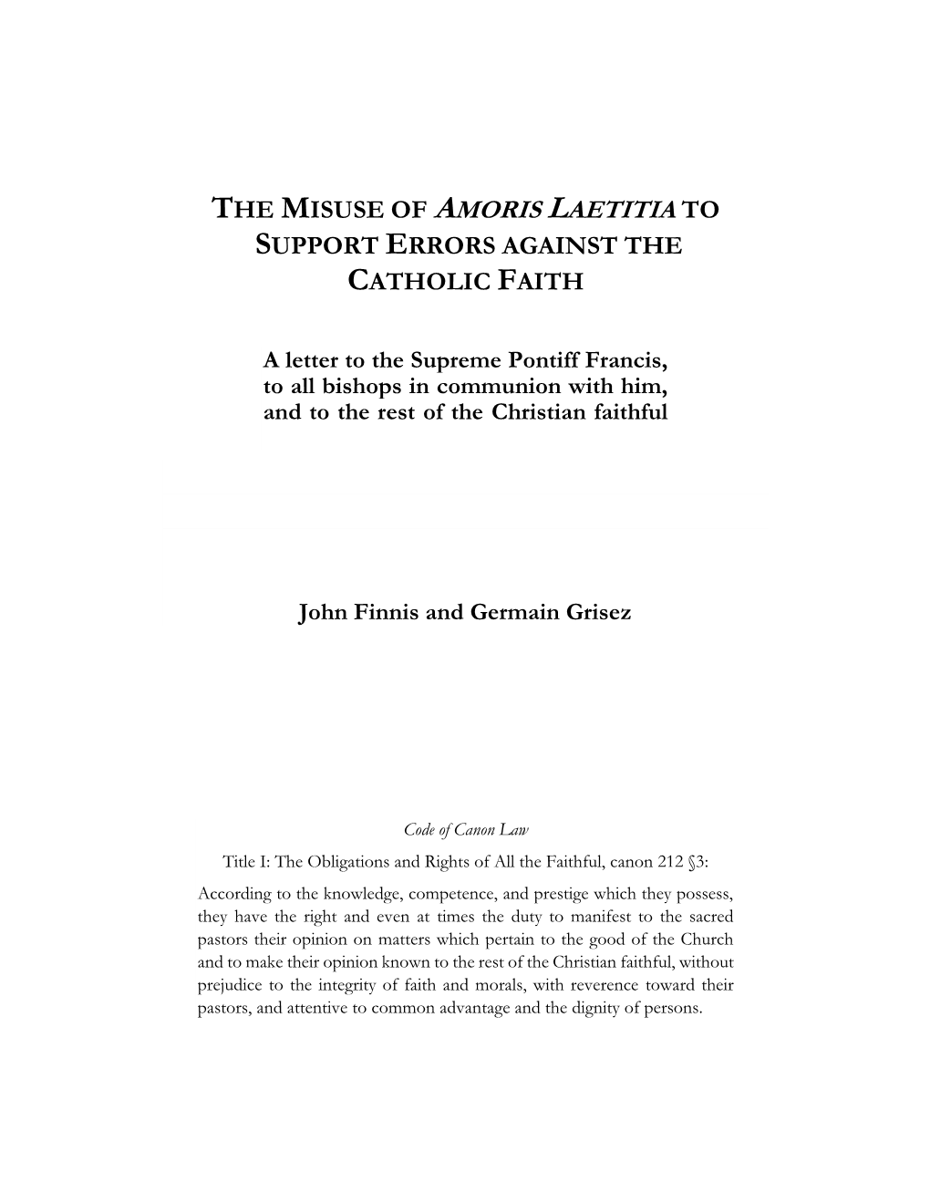 The Misuse of Amoris Laetitia to Support Errors Against the Catholic Faith