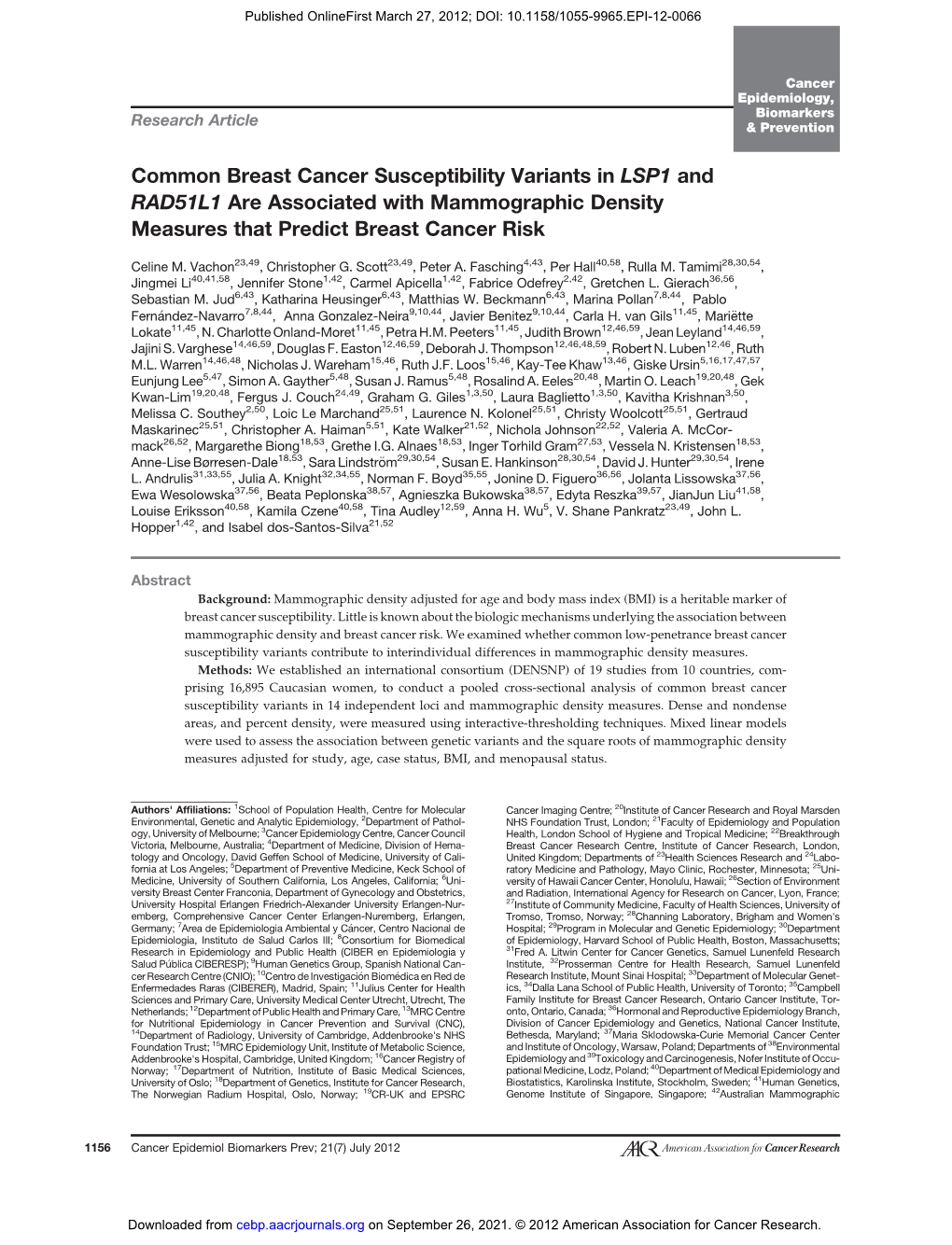 Common Breast Cancer Susceptibility Variants in LSP1 and RAD51L1 Are Associated with Mammographic Density Measures That Predict Breast Cancer Risk