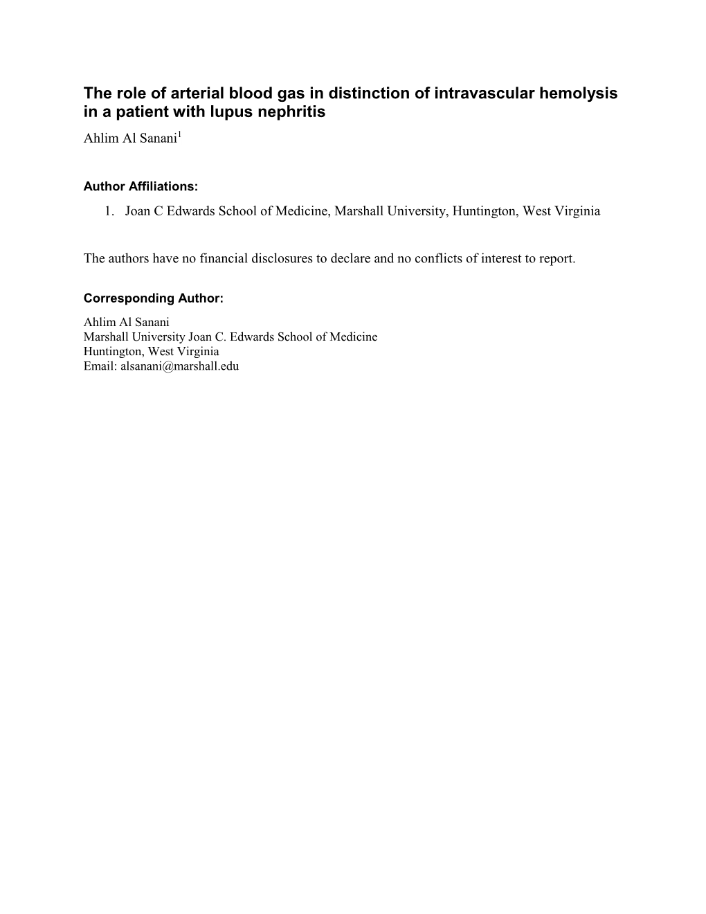 The Role of Arterial Blood Gas in Distinction of Intravascular Hemolysis in a Patient with Lupus Nephritis